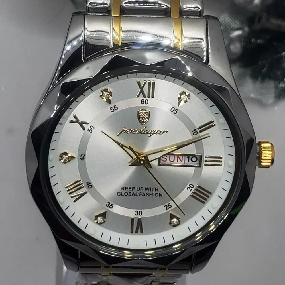 Men's White and Gold Poedagar Quartz Watch with Stainless Steel Band